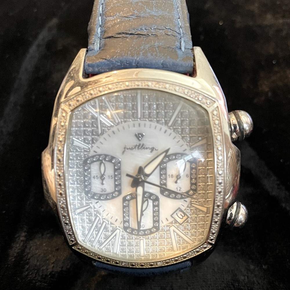 Just Bling Men’s JB-6113 Caesar Silver-Tone Leather Diamond Watch